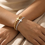 2Pcs Brass & 304 Stainless Steel Beads Stretch Bracelets Set, Cross Jewelry for Women Men, Golden & Silver, 6.89 inch(17.5cm)(EI7625-1)