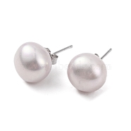 Natural Pearl Round Bead Stud Earrings, with Real Platinum Plated 925 Sterling Silver Findings, Thistle, 18x10~11mm(EJEW-E298-01G-03P)