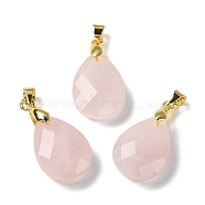 Natural Rose Quartz Pendants, Teardrop Charms, Faceted, with Ion Plating(IP) Golden Plated Brass Findings, 18x13x6mm, Hole: 4x3.3mm(G-Q005-02G-06)