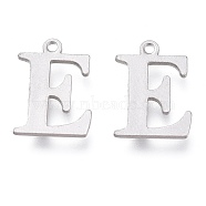 304 Stainless Steel Charms, Laser Cut, Alphabet, Stainless Steel Color, Letter.E, 12x9x0.8mm, Hole: 1mm(STAS-H112-E-P)