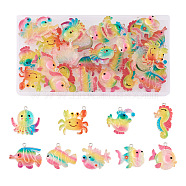 36Pcs 9 Style Ocean Theme Transparent Resin Pendants, with Glitter Powder and Platinum Tone Iron Loops, Sea Animal Charm, Octopus/Sea Horse/Fish/Crab Pattern, Colorful, 25.5~34x18~30x8~9mm, Hole: 2mm, 4pcs/style(RESI-TA0001-46)