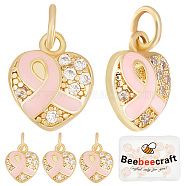 15Pcs Brass Micro Pave Clear Cubic Zirconia Pendants, with Jump Rings, Heart with Breast Cancer Awareness Pink Ribbon, Real 18K Gold Plated, Pearl Pink, 11.5x10x2.5mm, Hole: 3.5mm(KK-BBC0004-72)