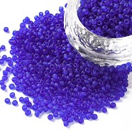 (Repacking Service Available) Glass Seed Beads, Frosted Colors, Round, Blue, 12/0, 2mm, about 12g/bag(SEED-C017-2mm-M8)