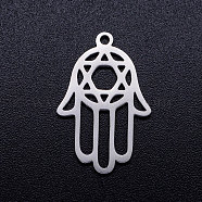 201 Stainless Steel Pendants, for Jewish, Hand/Hand of Fatima/Hand of Miriam with Star of David, Stainless Steel Color, 23x15x1mm, Hole: 1.4mm(STAS-Q201-JN316-1)