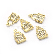 Brass Micro Pave Cubic Zirconia Charms, Padlock, Clear, Real 18K Gold Plated, 13x8x3mm, Hole: 1mm(KK-L184-11G)