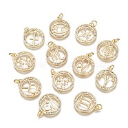 DIY Brass Micro Pave Cubic Zirconia Pendants, Flat Round with Constellation/Zodiac Sign, Golden, 12 Chinese Zodiac Signs, 20x17x2mm, Hole: 2.5mm(DIY-S030-36)
