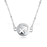 Fashion Brass Constellation/Zodiac Sign Pendant Necklaces, Flat Round with Sagittarius Sign, Silver Color Plated, 17.7 inch(450mm)(NJEW-BB20151)