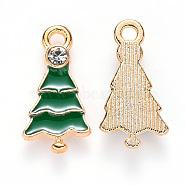 Alloy Enamel Pendants, with Crystal Rhinestone, for Christmas, Christmas Tree, Light Gold, Green, 21x11x3mm, Hole: 1.8mm(ENAM-S121-006)
