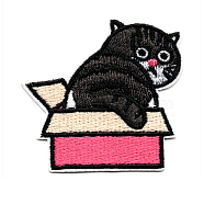 Computerized Embroidery Cloth Iron on/Sew on Patches, Costume Accessories, Appliques, Cat with Box, Black, 50x53mm(DIY-I013-11)