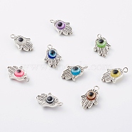 Alloy Pendants, with Resin Beads, Hamsa Hand with Evil Eye, Antique Silver, Mixed Color, 25x17x7.5mm, Hole: 2.5mm(PALLOY-JF00701)