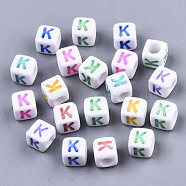 Opaque White Acrylic Beads, with Enamel, Horizontal Hole, Cube with Mixed Color Letter, Letter.K, 6x6x6mm, Hole: 3mm, about 2900pcs/500g(SACR-R252-02K)