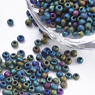 Glass Seed Beads, Frosted Style, Metallic, Round, Teal, 2.3x1.5mm, Hole: 0.8mm, about 30000pcs/bag, about 450g/bag(SEED-Q025-2mm-A01)
