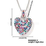 Brass Pave Colorful Cubic Zirconia Pendant Box Chain Necklaces, Platinum, Heart, 15.75 inch(40cm)(NU0575-43)