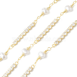 Brass Cubic Zirconia Link Chains with Shell Pearl, Unwelded, with Spool, Golden, Shell Pearl: 18x6.5x4mm, Cubic Zirconia Link: 30x3x2.5mm(CHS-P016-17G)