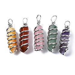 Natural & Synthetic Gemstone Big Pendants, Wire Wrapped Pendants, with Platinum Brass Wires, Rack Plating, Pencil, 50~56.5x13.5x13.5mm, Hole: 5x7mm(G-Q997-003)