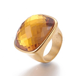 Ion Plating(IP) 304 Stainless Steel Finger Rings, with Faceted Glass, Goldenrod, Size 6~9, 16~19mm(RJEW-E157-38G-03)
