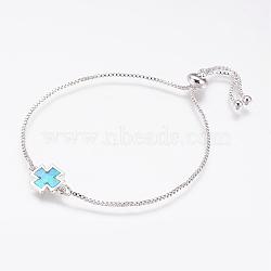 Long-Lasting Plated Adjustable Brass Slider Bracelets, Bolo Bracelets, with Synthetic Opal, Cross, Platinum, 9-1/8inches(233.5mm)(BJEW-P165-02A)