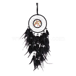 Indian Style Retro Woven Net/Web with Feather Natural Pebble Tree Hanging Decoration, with Imitation Pearl Resin Wall Hanging Wall Decor, Black, 150mm(PW-WG86379-01)
