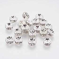 Brass Rhinestone Spacer Beads, Grade A, Rondelle, Silver Color Plated, Size: about 8mm in diameter, 3.5mm thick, hole: 2mm(X-RB-A003-8MM-S)