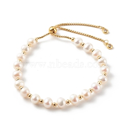 Round Natural Pearl Slide Bracelets, Bolo Bracelets, with 304 Stainless Steel Box Chains, Golden, White, Inner Diameter: 1-3/4~3-3/8 inch(4.3~8.5cm)(BJEW-JB06260-04)