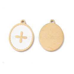 Ion Plating(IP) 304 Stainless Steel Pendants, with Enamel, Real 24K Gold Plated, Oval with Cross, White, 13.5x10x1mm, Hole: 1mm(STAS-H168-03G-02)