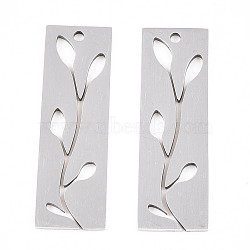 Non-Tarnish 201 Stainless Steel Pendants, Rectangle with Leaf, Stainless Steel Color, 28x9x1mm, Hole: 1.4mm(STAS-N090-JN820-1)