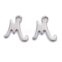 304 Stainless Steel Pendants, Alphabet, Stainless Steel Color, Letter.M, 10x10x1mm, Hole: 1.5mm(STAS-Z023-M)