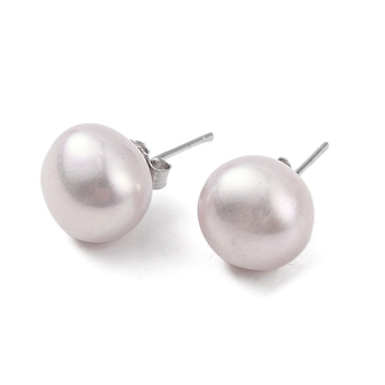 Natural Pearl Round Bead Stud Earrings, with Real Platinum Plated 925 Sterling Silver Findings, Thistle, 18x10~11mm