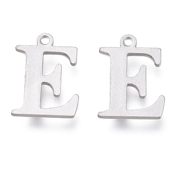 304 Stainless Steel Charms, Laser Cut, Alphabet, Stainless Steel Color, Letter.E, 12x9x0.8mm, Hole: 1mm