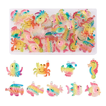 36Pcs 9 Style Ocean Theme Transparent Resin Pendants, with Glitter Powder and Platinum Tone Iron Loops, Sea Animal Charm, Octopus/Sea Horse/Fish/Crab Pattern, Colorful, 25.5~34x18~30x8~9mm, Hole: 2mm, 4pcs/style