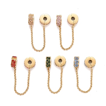 304 Stainless Steel Flat Round Safety Chain Clip Lock Stopper Charms, European Clasps, with Rhinestone, Golden, for European Charm Bracelets, Mixed Color, 82mm, Hole: 3.5mm