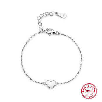 925 Sterling Silver Link Bracelets, with Enamel Heart Links for Women, Platinum, 5.12 inch(13cm)