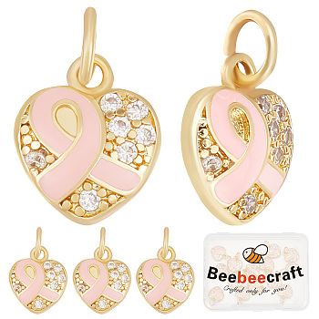 15Pcs Brass Micro Pave Clear Cubic Zirconia Pendants, with Jump Rings, Heart with Breast Cancer Awareness Pink Ribbon, Real 18K Gold Plated, Pearl Pink, 11.5x10x2.5mm, Hole: 3.5mm