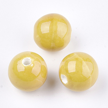 Handmade Porcelain Beads, Bright Glazed Porcelain, Round, Gold, 14~14.5x13.5~14mm, Hole: 2.5~3mm