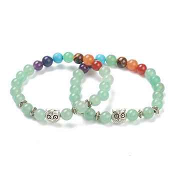 Chakra Jewelry, Round Natural Green Aventurine & Gemstone Stretch Beaded Bracelets, with Alloy Owl Beads, Antique Silver, Inner Diameter: 2-3/8 inch(6cm)