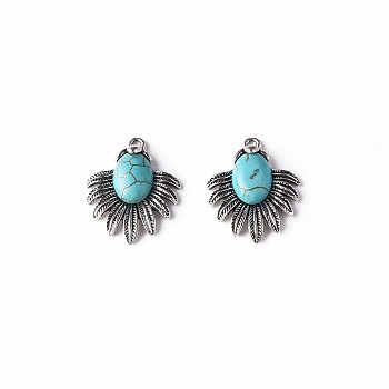 Synthetic Turquoise Pendants, with Aolly Findings, Cadmium Free & Nickel Free & Lead Free, Fish, Antique Silver, Sky Blue, 29x24x6mm, Hole: 2mm