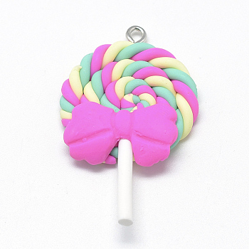 Handmade Polymer Clay Pendants, Lollipop with Bowknot, Aquamarine, 40~53x27~30x7~9mm, Hole: 2mm