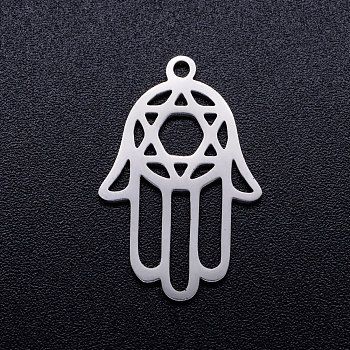 201 Stainless Steel Pendants, for Jewish, Hand/Hand of Fatima/Hand of Miriam with Star of David, Stainless Steel Color, 23x15x1mm, Hole: 1.4mm