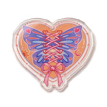 Valentine's Day Transparent Printed Acrylic Pendants, Heart Charm, Butterfly, 37.5x40x2mm, Hole: 2mm