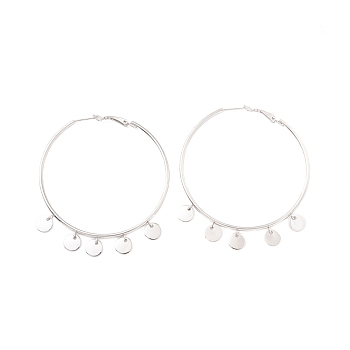 304 Stainless Steel Hoop Earrings, with Round Pendants, for Women, Platinum, 70x60x2mm, Pin: 0.8mm