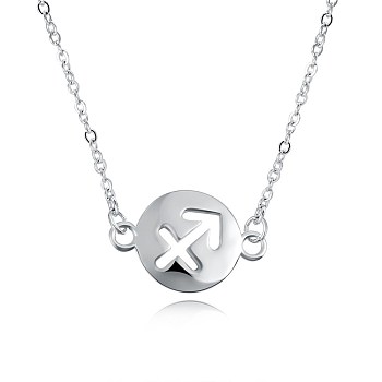 Fashion Brass Constellation/Zodiac Sign Pendant Necklaces, Flat Round with Sagittarius Sign, Silver Color Plated, 17.7 inch(450mm)