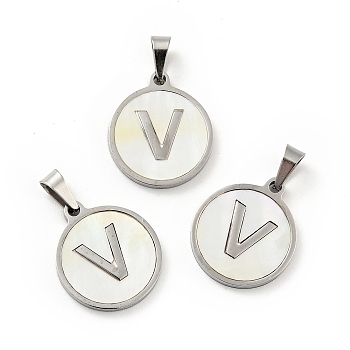 304 Stainless Steel with White Shell Pendants, Stainless Steel Color, Flat Round with Letter Charm, Letter.V, 18x16x1.5mm, Hole: 3x6mm