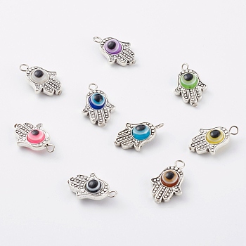 Alloy Pendants, with Resin Beads, Hamsa Hand with Evil Eye, Antique Silver, Mixed Color, 25x17x7.5mm, Hole: 2.5mm