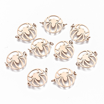 304 Stainless Steel Links Connectors, Laser Cut, Flat Round with Spider, Rose Gold, 14x17x1mm, Jump Ring: 3x0.4mm, 2.2mm inner diameter