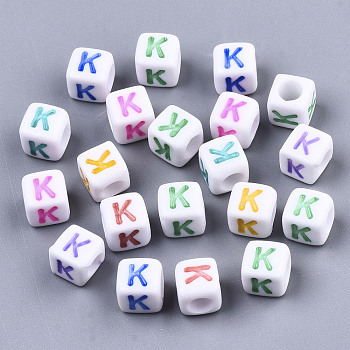 Opaque White Acrylic Beads, with Enamel, Horizontal Hole, Cube with Mixed Color Letter, Letter.K, 6x6x6mm, Hole: 3mm, about 2900pcs/500g