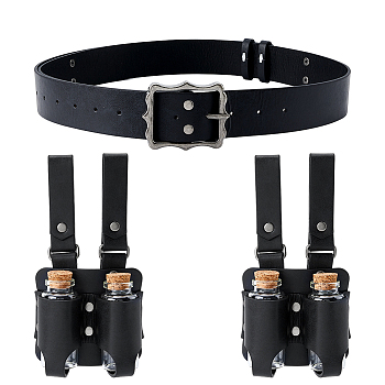PU Leather Waist Belt with Cork Glass Potion Bottle, for Medieval Wizard Cosplay Accessories, Black, 1460x40.5x3mm