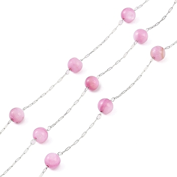 304 Stainless Steel & Dyed Shell Handmade Round Beads Chain, Soldered, with Spool, Stainless Steel Color, Plum, 5mm