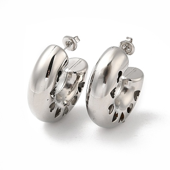 304 Stainless Steel Round with Heart Stud Earrings, Half Hoop Earrings, Stainless Steel Color, 31x10mm