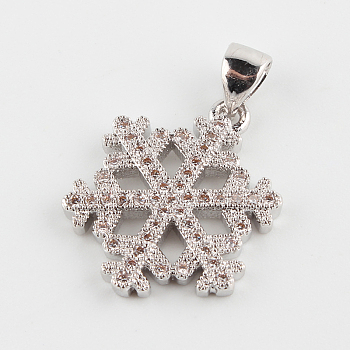 Snowflake Brass Micro Pave Cubic Zirconia Pendants, Platinum, 19x15x2mm, Hole: 4.5x2mm