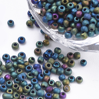 Glass Seed Beads, Frosted Style, Metallic, Round, Teal, 2.3x1.5mm, Hole: 0.8mm, about 30000pcs/bag, about 450g/bag